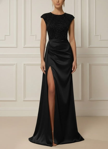 Scoop Satin Evening Dresses with Split Side Sleeveless Sequins Floor-Length Party Dresses