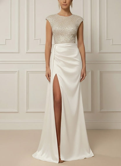 Scoop Satin Evening Dresses with Split Side Sleeveless Sequins Floor-Length Party Dresses