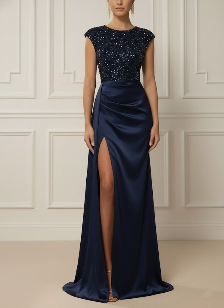 Scoop Satin Evening Dresses with Split Side Sleeveless Sequins Floor-Length Party Dresses