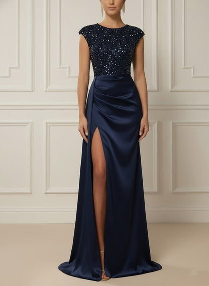 Scoop Satin Evening Dresses with Split Side Sleeveless Sequins Floor-Length Party Dresses
