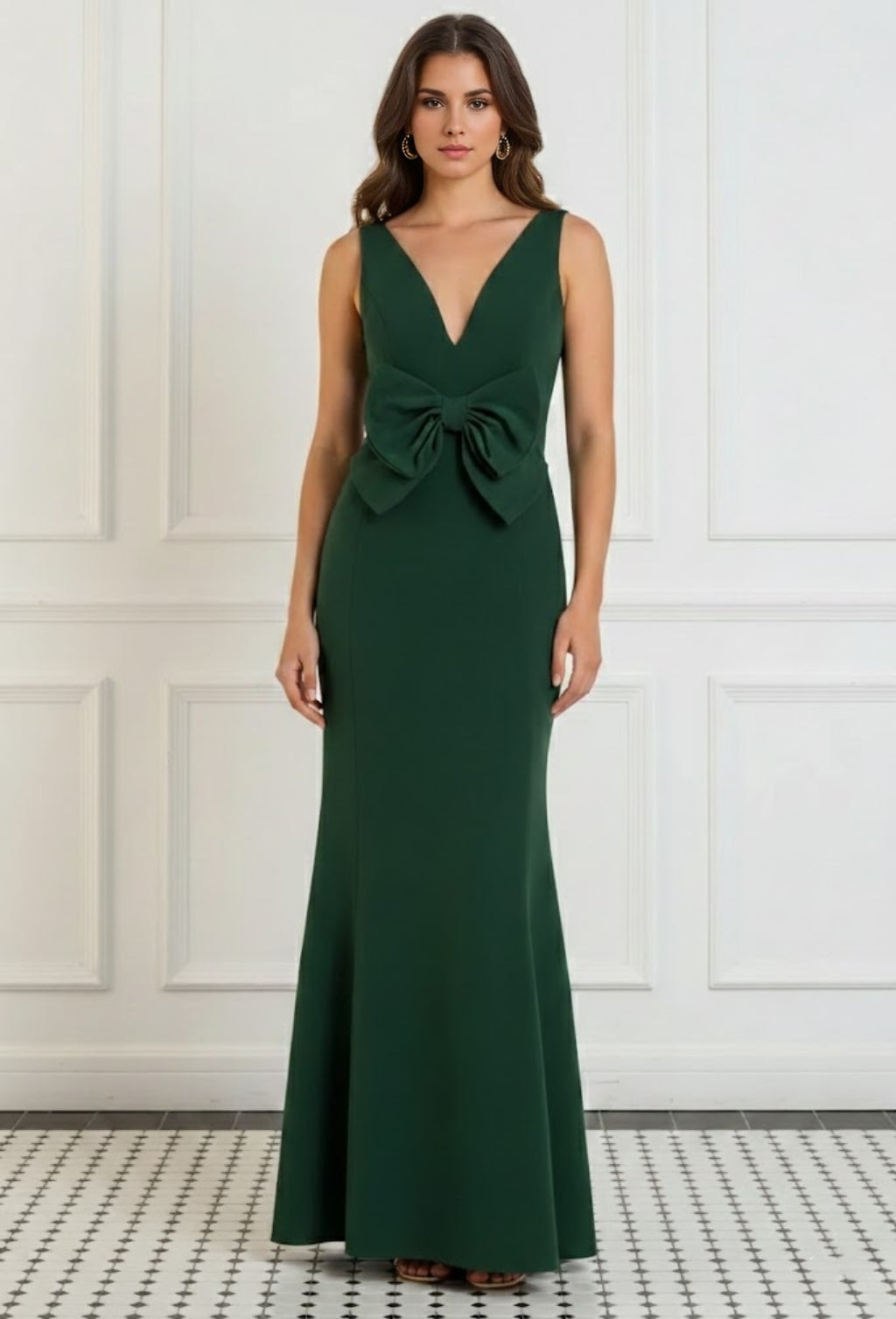 V-Neck Stretch Satin Evening Dresses Floor-Length Sleeveless Bowknot Party Dresses