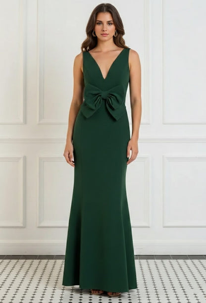 V-Neck Stretch Satin Evening Dresses Floor-Length Sleeveless Bowknot Party Dresses