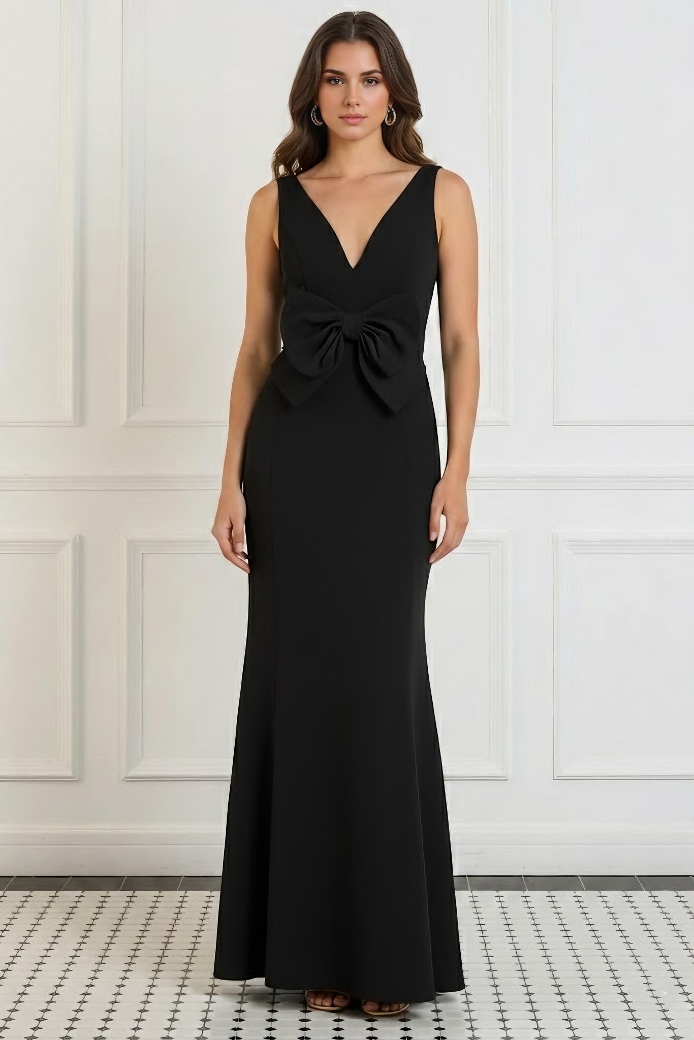 V-Neck Stretch Satin Evening Dresses Floor-Length Sleeveless Bowknot Party Dresses