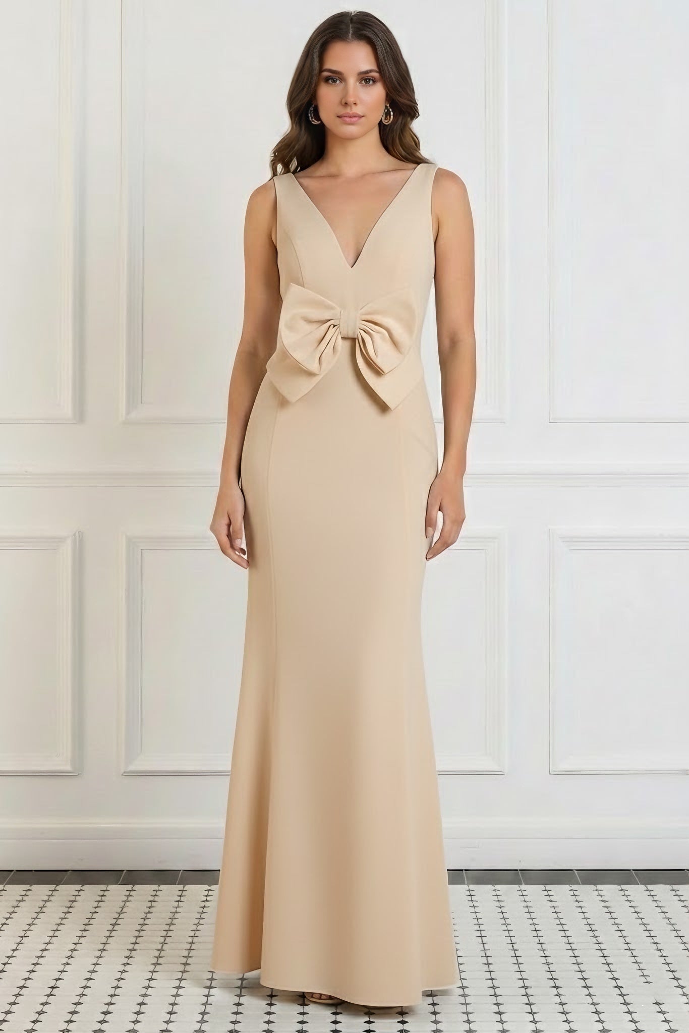 V-Neck Stretch Satin Evening Dresses Floor-Length Sleeveless Bowknot Party Dresses
