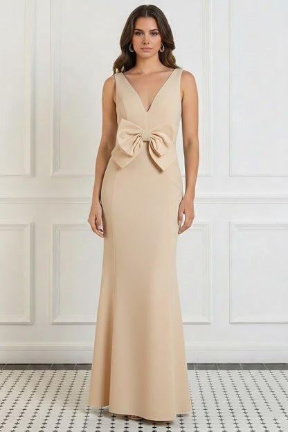 V-Neck Stretch Satin Evening Dresses Floor-Length Sleeveless Bowknot Party Dresses
