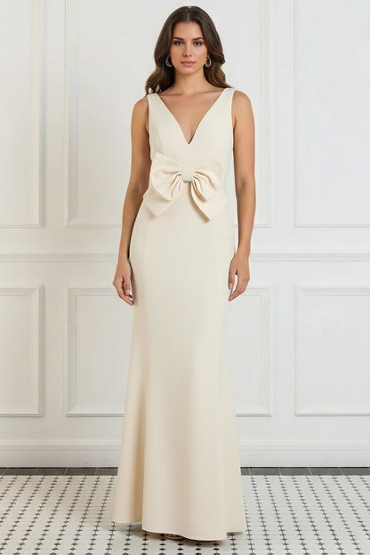 V-Neck Stretch Satin Evening Dresses Floor-Length Sleeveless Bowknot Party Dresses