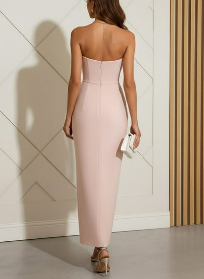 Strapless Stretch Satin Cocktail Dresses Ankle-Length Sequins Sleeveless Ruched Formal Dresses