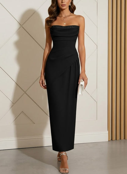 Strapless Stretch Satin Cocktail Dresses Ankle-Length Sequins Sleeveless Ruched Formal Dresses