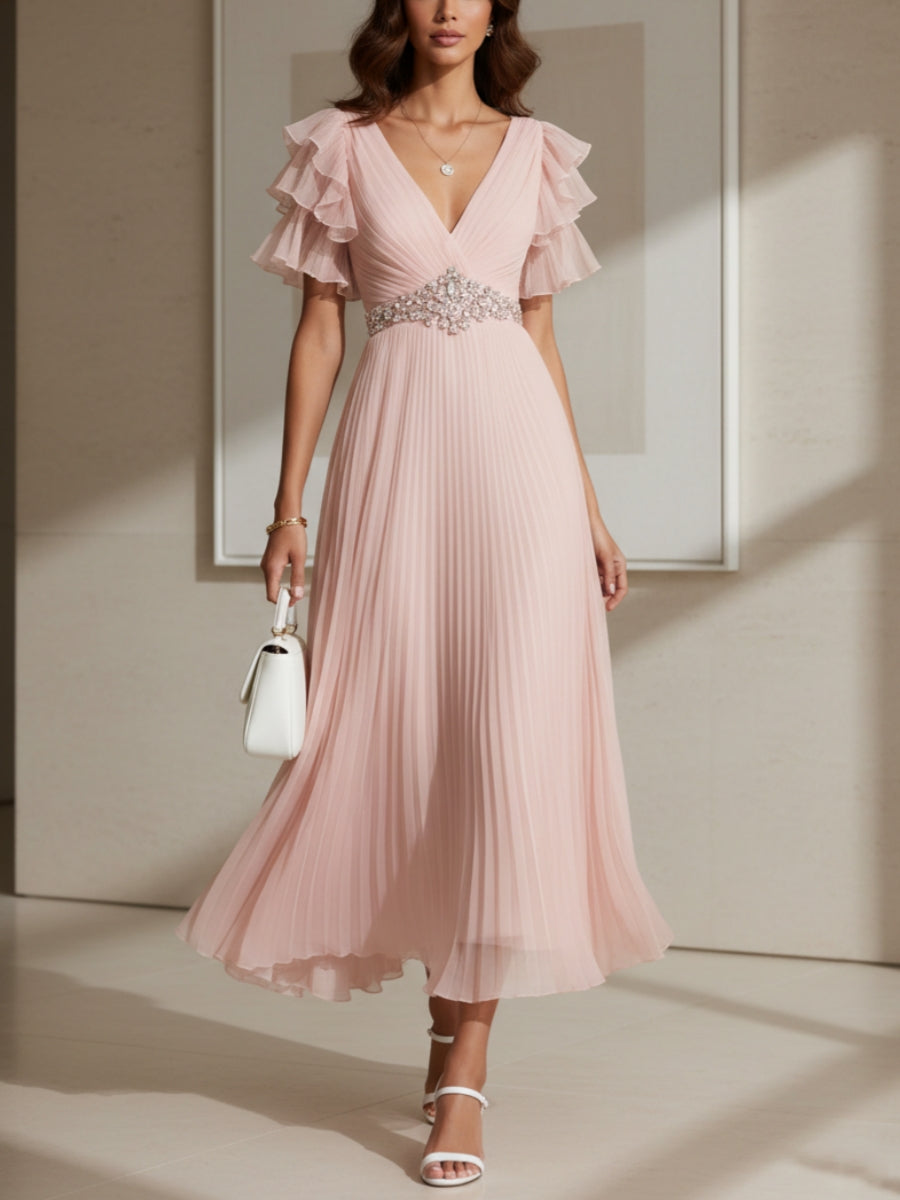 V-Neck Chiffon Cocktail Dresses with Sash Tea-Length Short Sleeves Ruffle Sleeves Formal Dresses