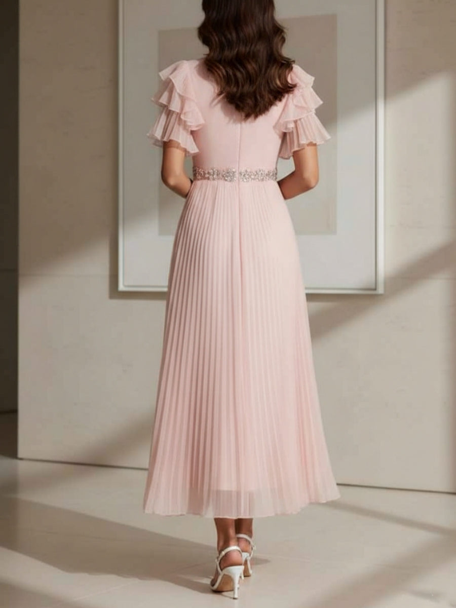 V-Neck Chiffon Cocktail Dresses with Sash Tea-Length Short Sleeves Ruffle Sleeves Formal Dresses