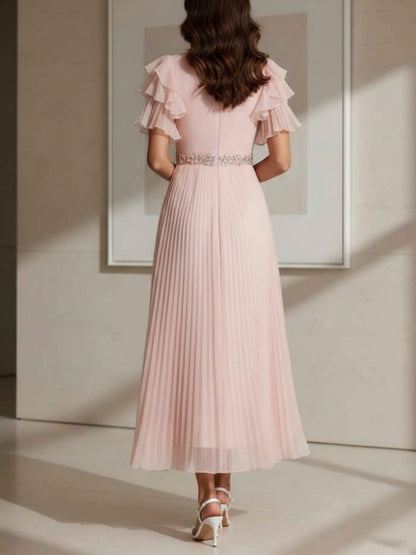 V-Neck Chiffon Cocktail Dresses with Sash Tea-Length Short Sleeves Ruffle Sleeves Formal Dresses