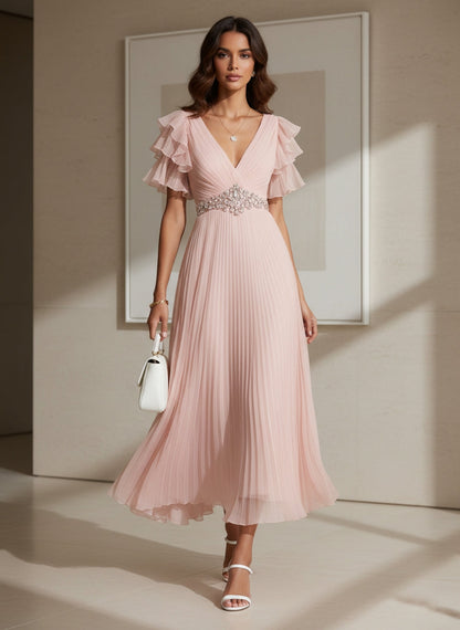 V-Neck Chiffon Cocktail Dresses with Sash Tea-Length Short Sleeves Ruffle Sleeves Formal Dresses