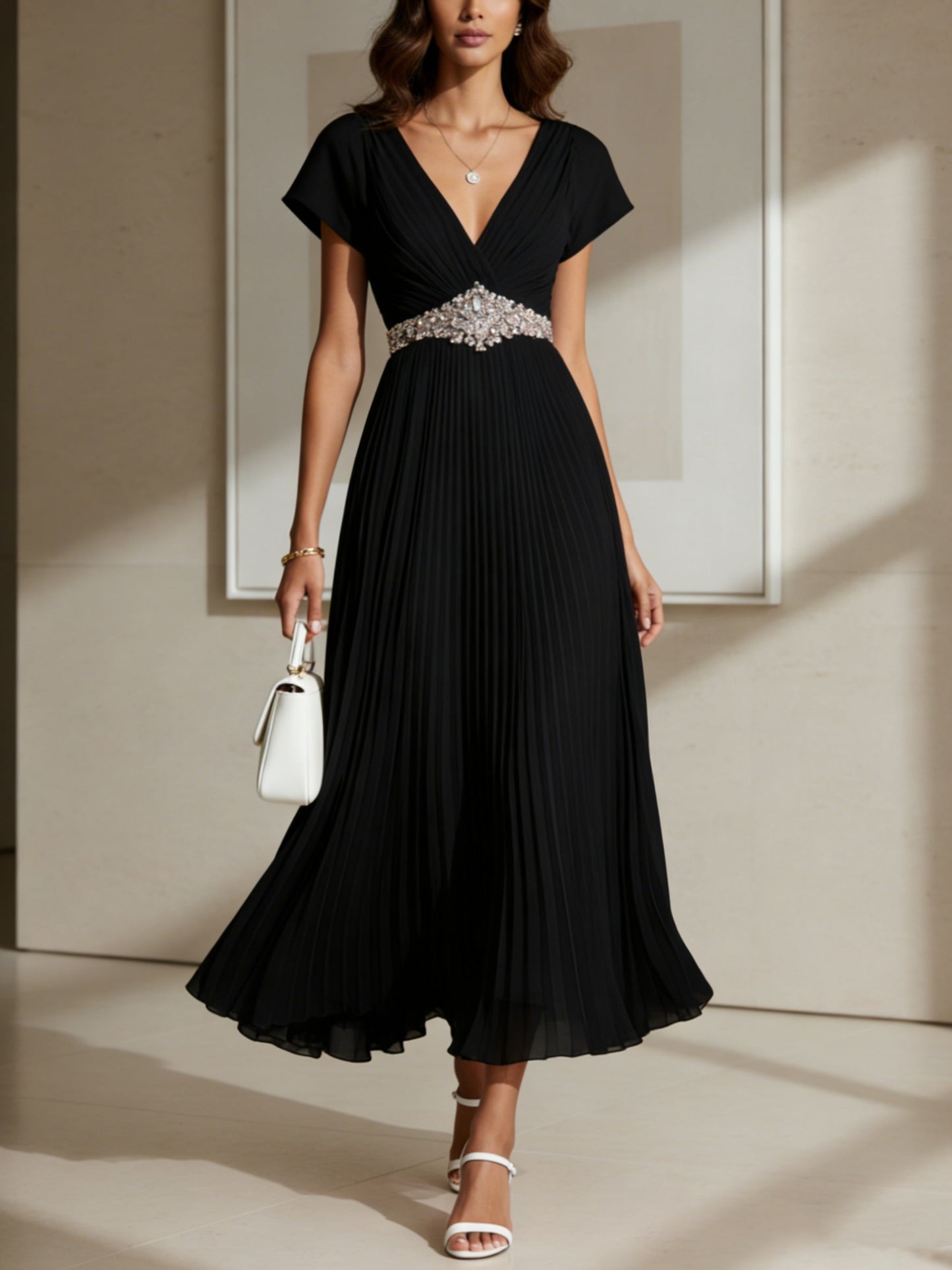 V-Neck Chiffon Cocktail Dresses with Sash Tea-Length Short Sleeves Ruffle Sleeves Formal Dresses
