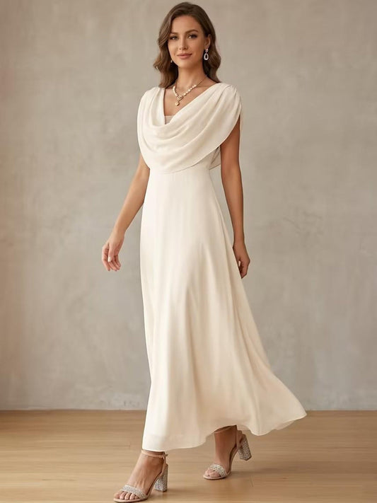 Cowl Neck Chiffon Cocktail Dresses Little White Dresses Ankle-Length Sleeveless Graduation Dress