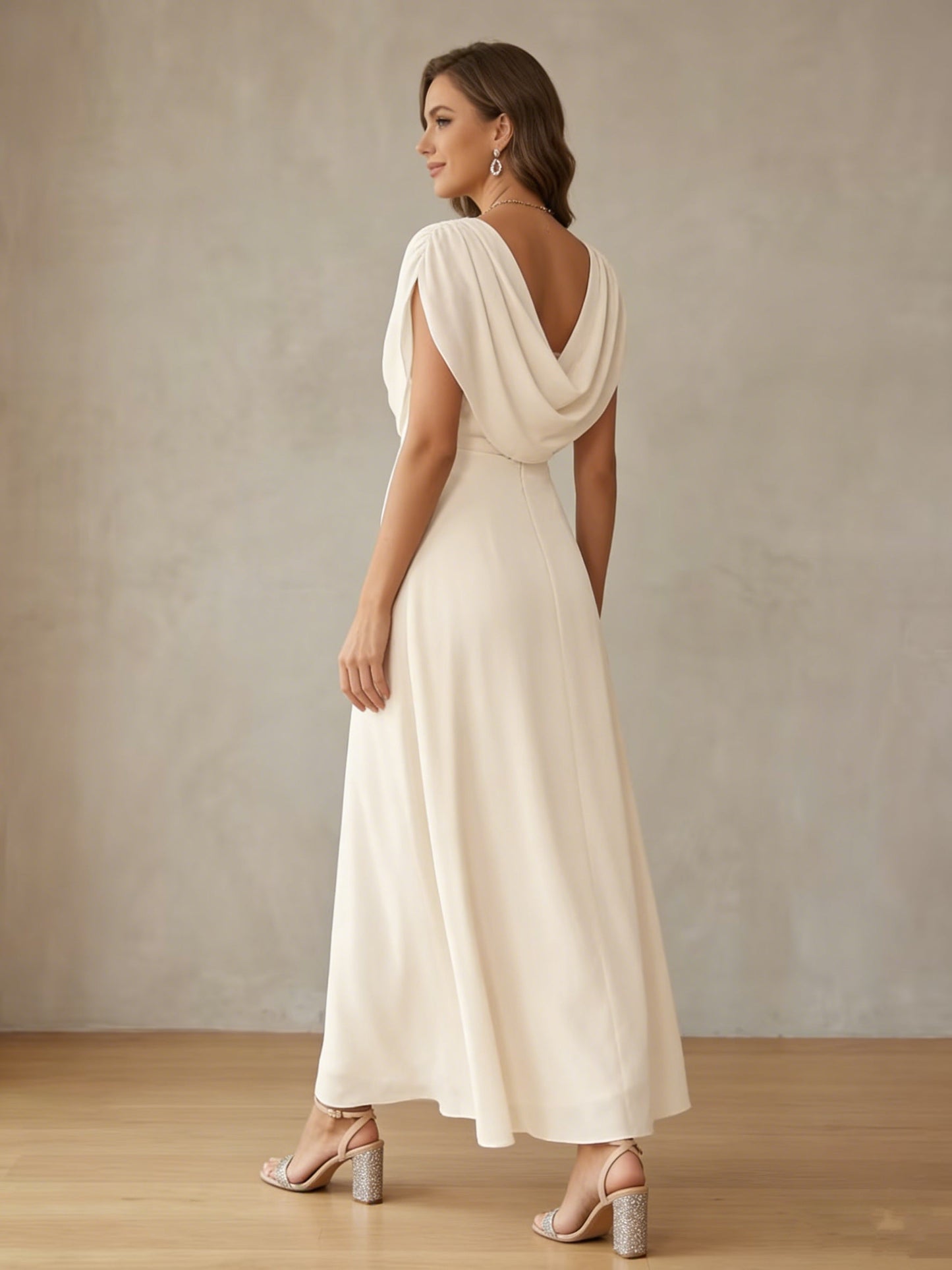 Cowl Neck Chiffon Cocktail Dresses Little White Dresses Ankle-Length Sleeveless Graduation Dress