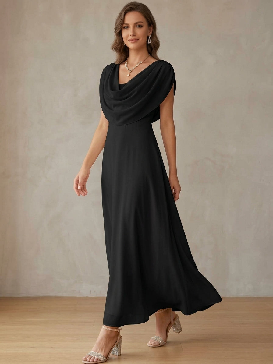 Cowl Neck Chiffon Cocktail Dresses Little White Dresses Ankle-Length Sleeveless Graduation Dress