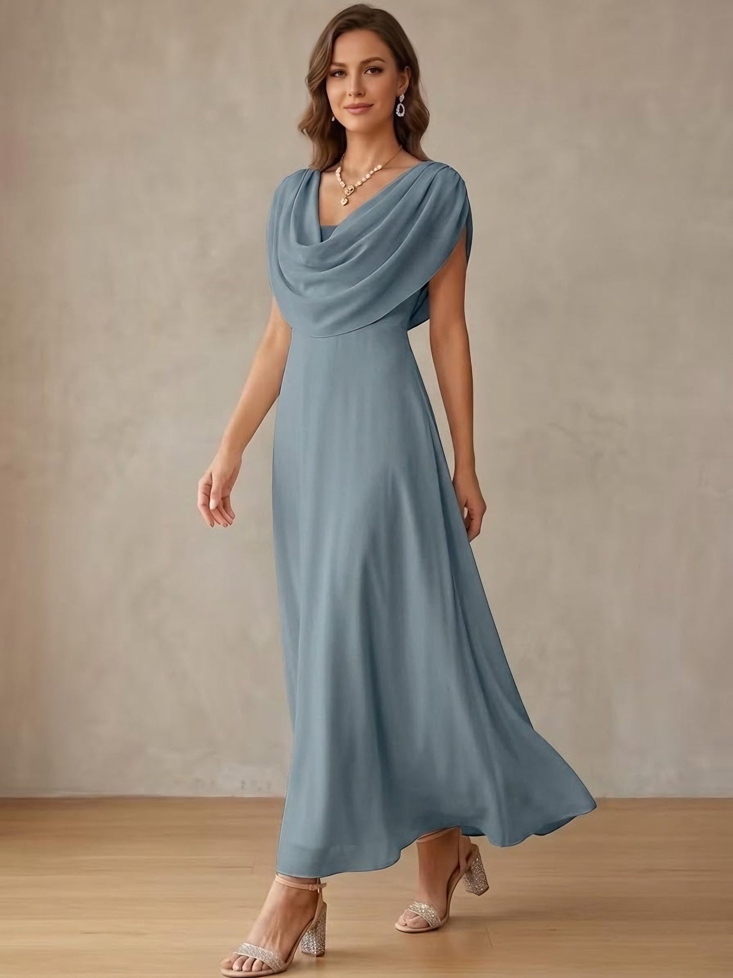 Cowl Neck Chiffon Cocktail Dresses Little White Dresses Ankle-Length Sleeveless Graduation Dress