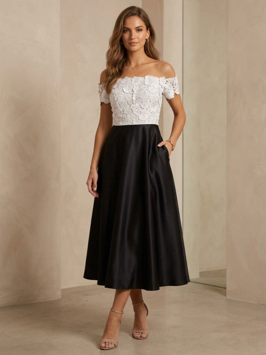 Off-the-Shoulder Satin Cocktail Dresses Lace Tea-Length Sleeveless Formal Dresses