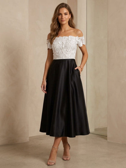 Off-the-Shoulder Satin Cocktail Dresses Lace Tea-Length Sleeveless Formal Dresses