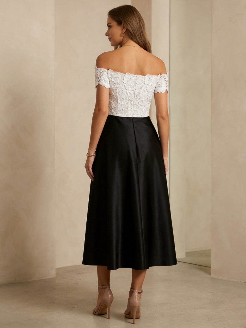 Off-the-Shoulder Satin Cocktail Dresses Lace Tea-Length Sleeveless Formal Dresses