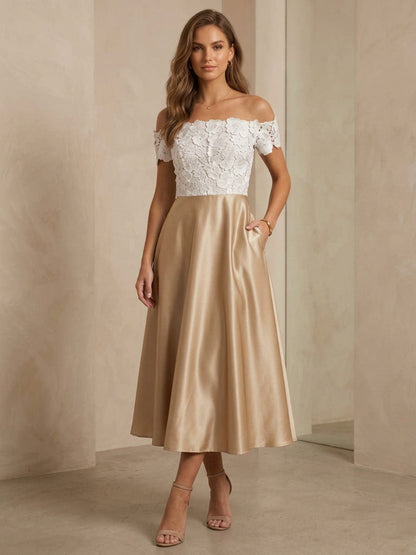 Off-the-Shoulder Satin Cocktail Dresses Lace Tea-Length Sleeveless Formal Dresses