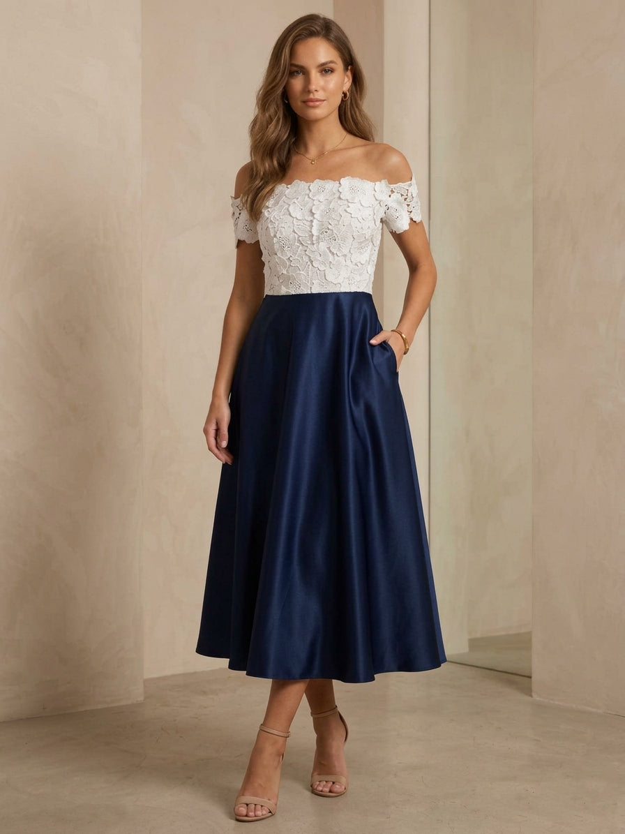 Off-the-Shoulder Satin Cocktail Dresses Lace Tea-Length Sleeveless Formal Dresses