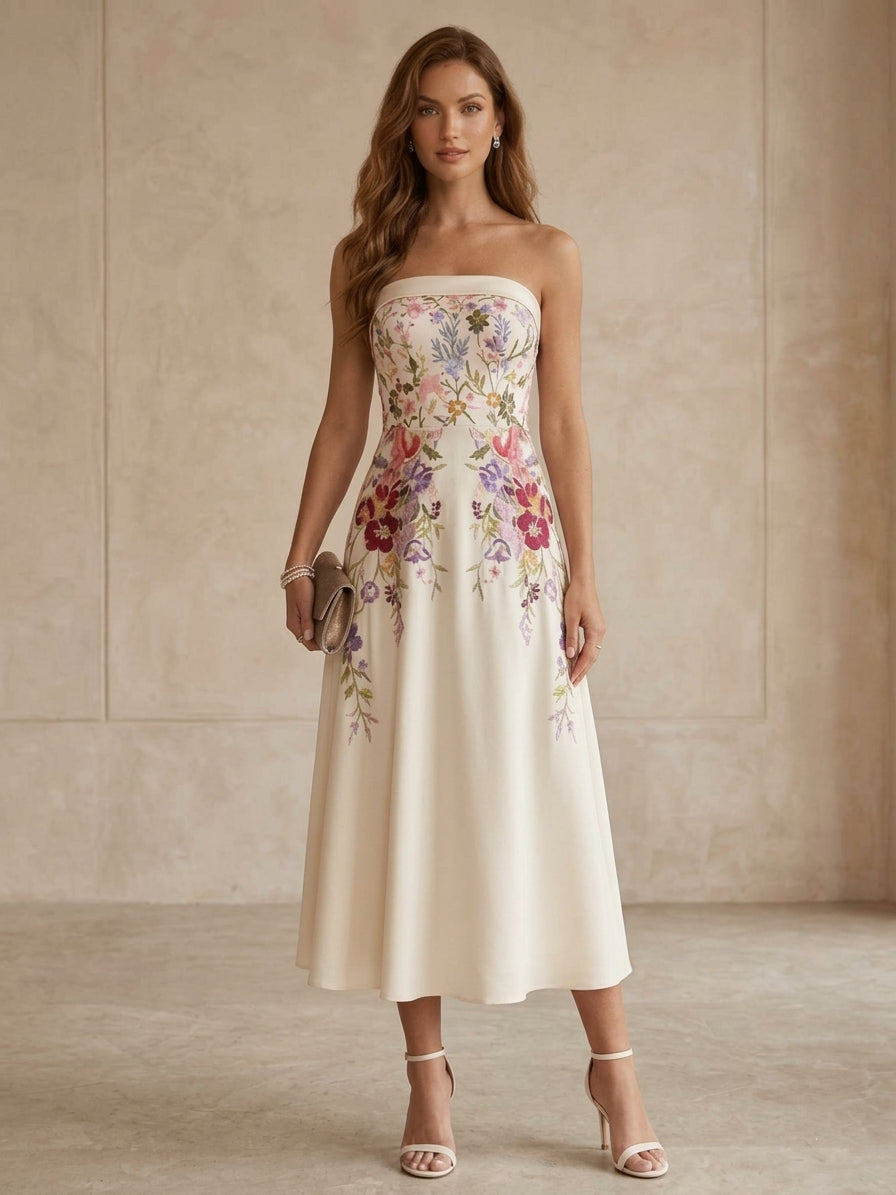 Strapless Satin Cocktail Dresses Little White Dresses Tea-Length Sleeveless Floral Graduation Dress