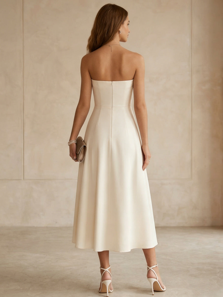 Strapless Satin Cocktail Dresses Little White Dresses Tea-Length Sleeveless Floral Graduation Dress