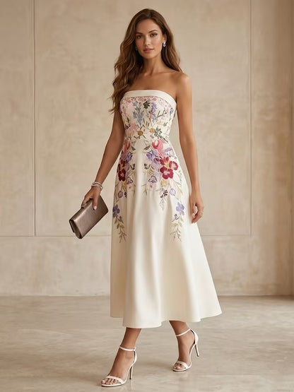 Strapless Satin Cocktail Dresses Little White Dresses Tea-Length Sleeveless Floral Graduation Dress