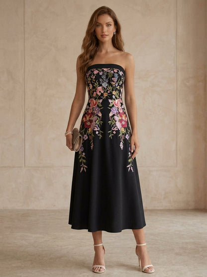 Strapless Satin Cocktail Dresses Little White Dresses Tea-Length Sleeveless Floral Graduation Dress