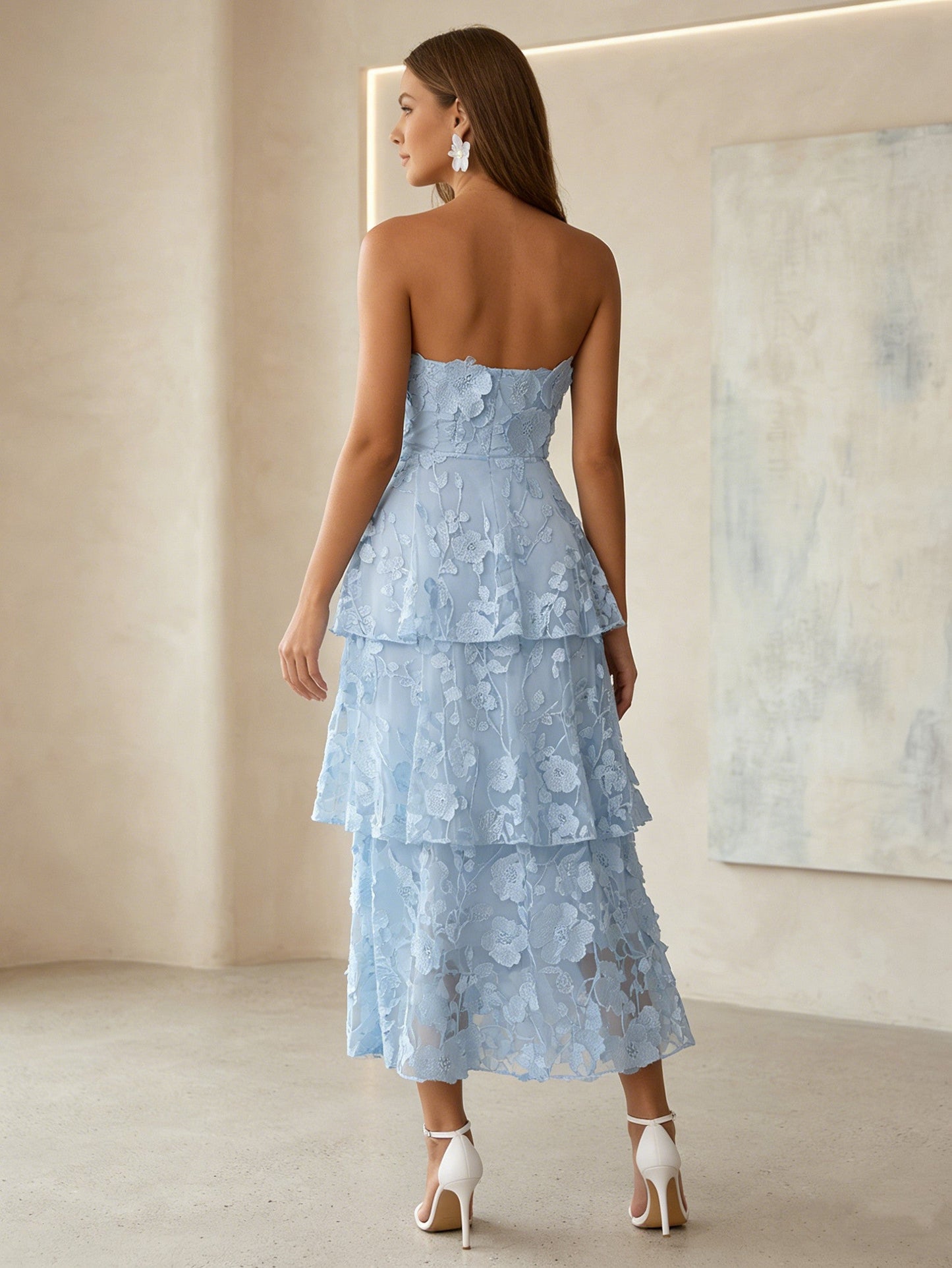 Strapless Lace Cocktail Dresses Tea-Length Sleeveless Ruffles Floral Formal Dresses