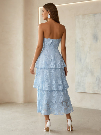 Strapless Lace Cocktail Dresses Tea-Length Sleeveless Ruffles Floral Formal Dresses
