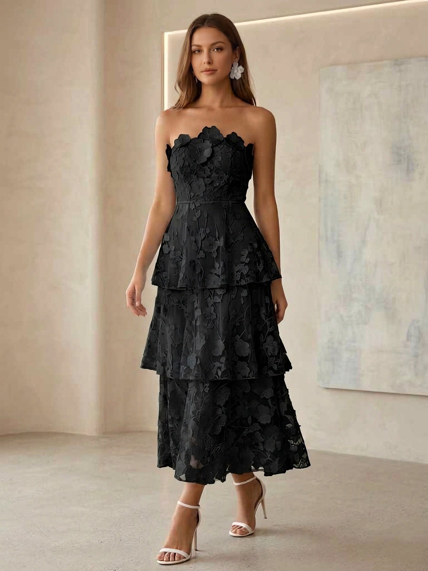 Strapless Lace Cocktail Dresses Tea-Length Sleeveless Ruffles Floral Formal Dresses