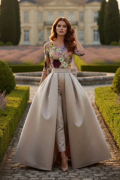 Jumpsuit Scoop Satin Evening Dresses with Overskirt Lace Floral 3/4 Sleeves Bowknot Ankle-Length Party Dresses
