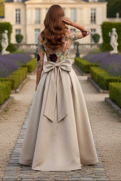 Jumpsuit Scoop Satin Evening Dresses with Overskirt Lace Floral 3/4 Sleeves Bowknot Ankle-Length Party Dresses