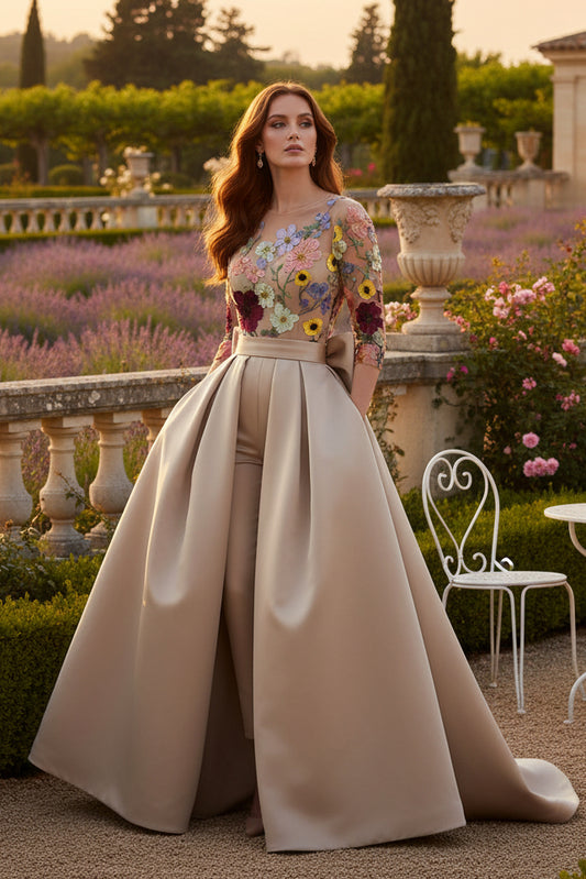 Jumpsuit Scoop Satin Evening Dresses with Overskirt Lace Floral 3/4 Sleeves Bowknot Ankle-Length Party Dresses