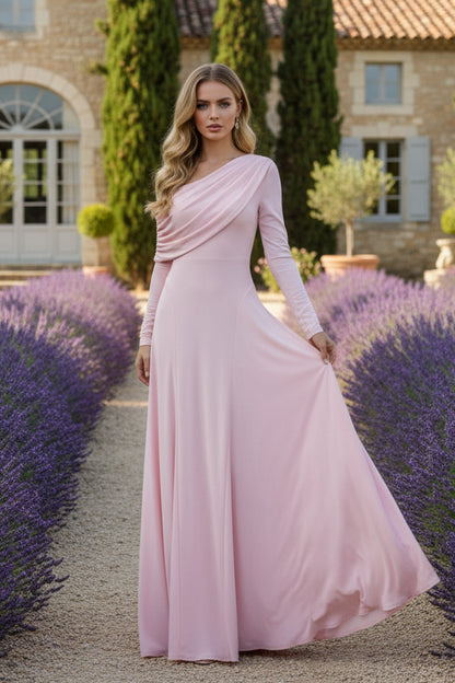 One-Shoulder Elastic Chiffon Evening Dresses Floor-Length Long Sleeves Ruffles Party Dress