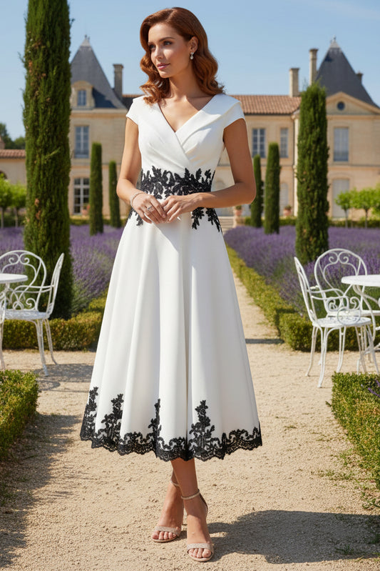 V-Neck Stretch Satin Cocktail Dresses Cap Sleeves Tea-Length Lace Formal Dresses