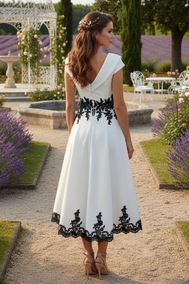 V-Neck Stretch Satin Cocktail Dresses Cap Sleeves Tea-Length Lace Formal Dresses