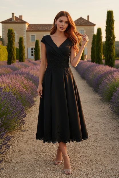 V-Neck Stretch Satin Cocktail Dresses Cap Sleeves Tea-Length Lace Formal Dresses