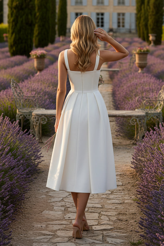 V-Neck Satin Cocktail Dresses with Overskirt Tea-Length Sleeveless Formal Dresses