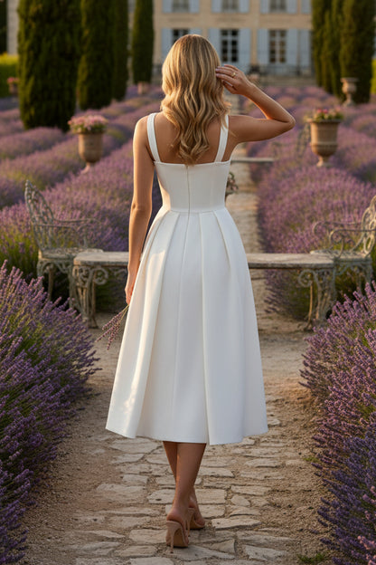 V-Neck Satin Cocktail Dresses with Overskirt Tea-Length Sleeveless Formal Dresses