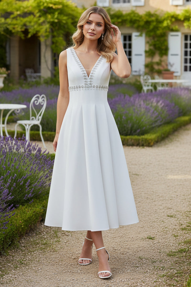 V-Neck Stretch Satin Cocktail Dresses Sleeveless Tea-Length Rhinestone Formal Dresses