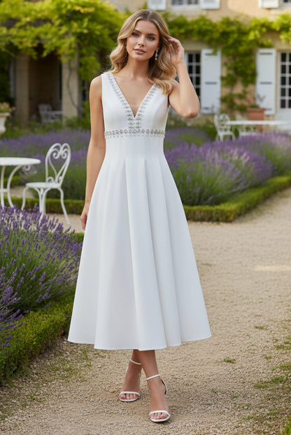 V-Neck Stretch Satin Cocktail Dresses Sleeveless Tea-Length Rhinestone Formal Dresses