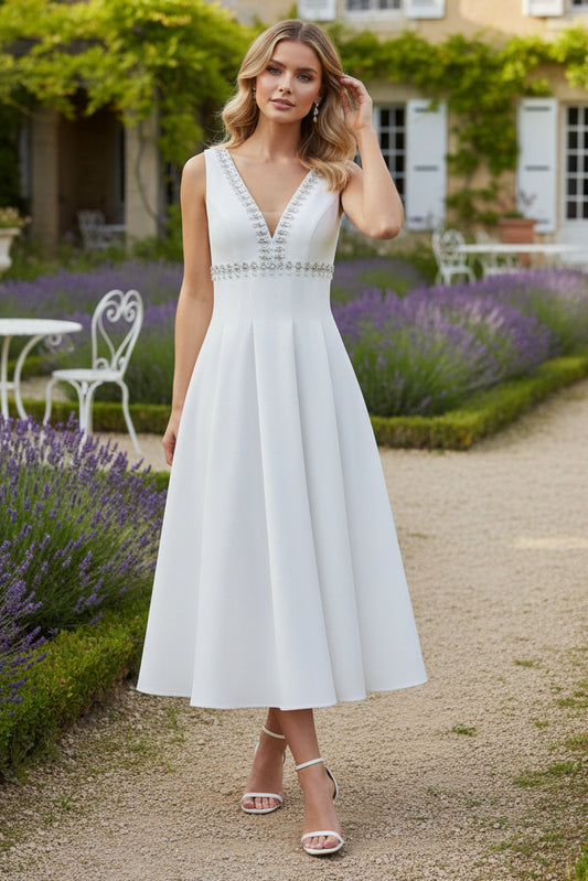 V-Neck Stretch Satin Cocktail Dresses Sleeveless Tea-Length Rhinestone Formal Dresses