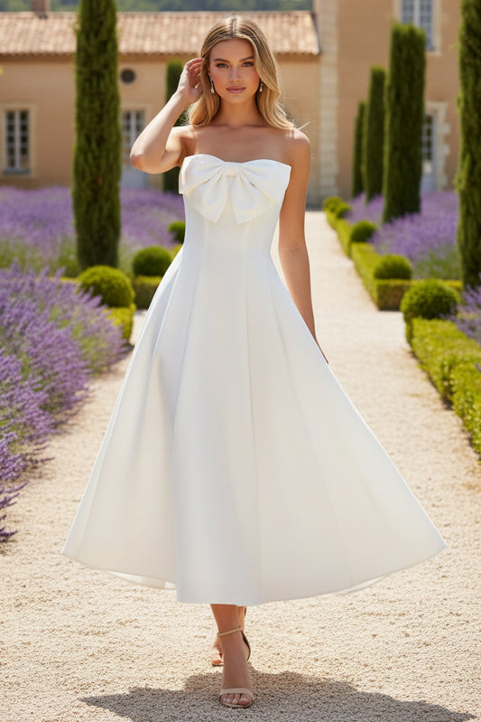 Strapless Satin Cocktail Dresses Tea-Length Sleeveless Bowknot Formal Dresses