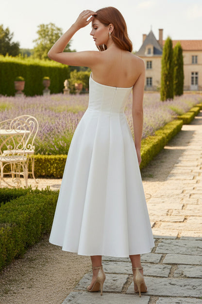 Strapless Satin Cocktail Dresses Tea-Length Sleeveless Bowknot Formal Dresses