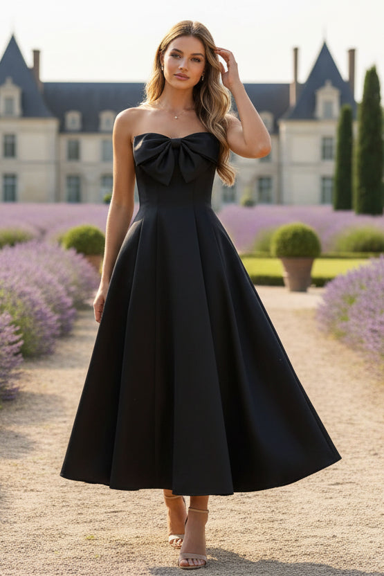 Strapless Satin Cocktail Dresses Tea-Length Sleeveless Bowknot Formal Dresses