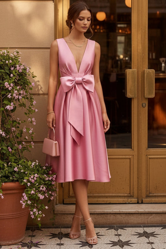 V-Neck Satin Cocktail Dresses with Bowknot Sleeveless Tea-Length Formal Dresses