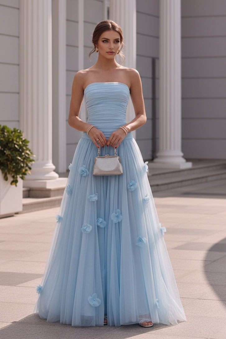 Strapless Tulle Evening Dresses with 3D Flowers Sleeveless Floral Floor-Length Party Dresses